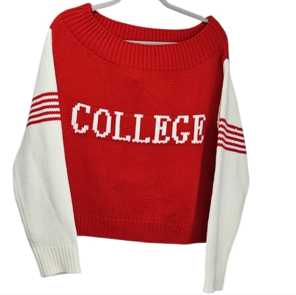 Judith March Red College Sweater Sz Large Women's Boatneck Scoop LS
